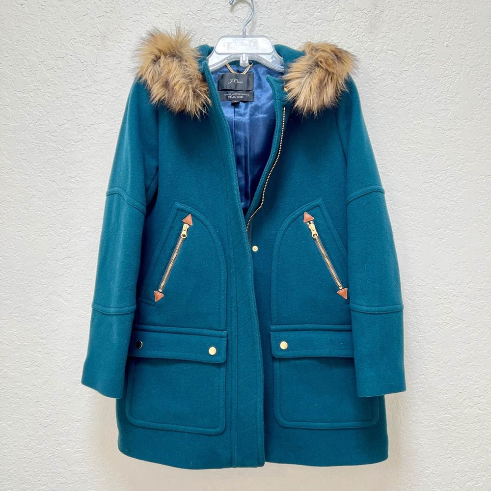 J.Crew Chateau Parka Italian Stadium Cloth Wool Coat Teal Faux Fur Hood 6 Luxury